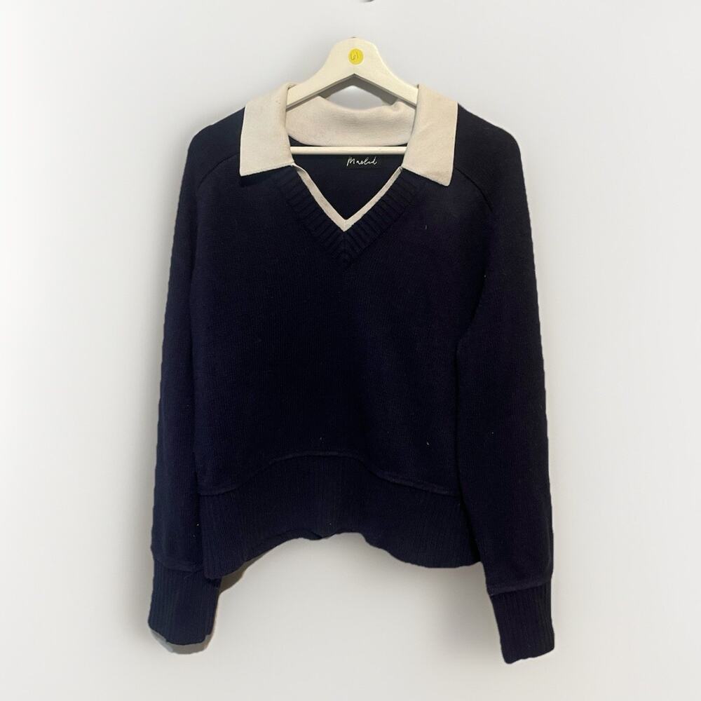 Marled Women's V-Neck Knit Sweater Collared Navy